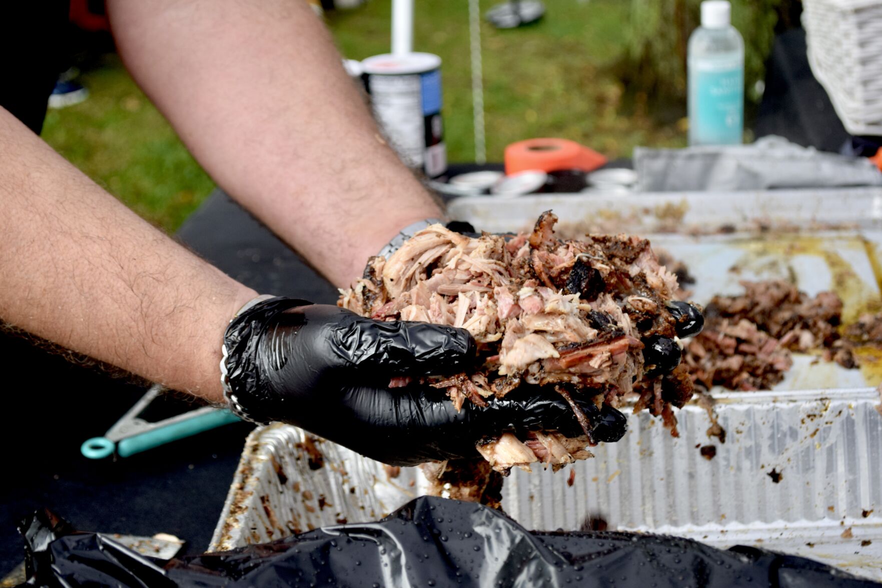 Hand-shredded pulled pork.JPG